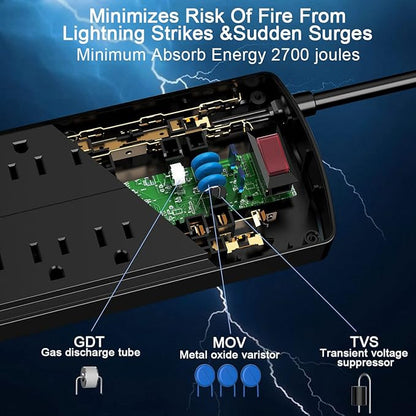 10 Feet Surge Protector Power Strip - Nuetsa Extension Cord(1625W/13A) with 8 Outlets and 4 USB Ports, Flat Plug, 2700 Joules, for Home, School, College Dorm Room, and Office, ETL Listed, Black