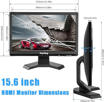 Suprlipy 15.6 inch FHD Small IPS Monitor LCD Display Screen 1920x1080 60Hz 16:9 with BNC VGA AV Input Built-in Lounspeakers for CCTV Security Camera DVR PC RasPi