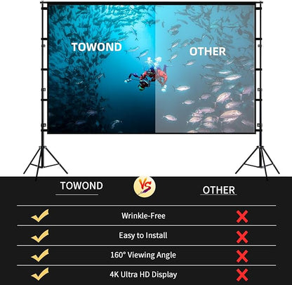 TOWOND Projector Screen and Stand, 100 inch Projection Screen Outdoor Indoor, Portable 16:9 4K HD Rear Front Movie Screen with Carry Bag Wrinkle-Free Design for Home Theater Backyard Cinema