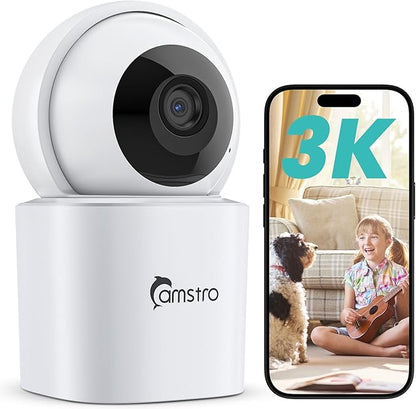 CAMSTRO 3K Indoor Security Camera,360°PTZ Home Baby/Pet Monitor,Auto Tracking,5MP Night Vision,2.4/5GHz WiFi,Motion & Sound Detection,2-Way Audio,SD Card/Cloud Storage,Works with Alexa,No Monthly Fee
