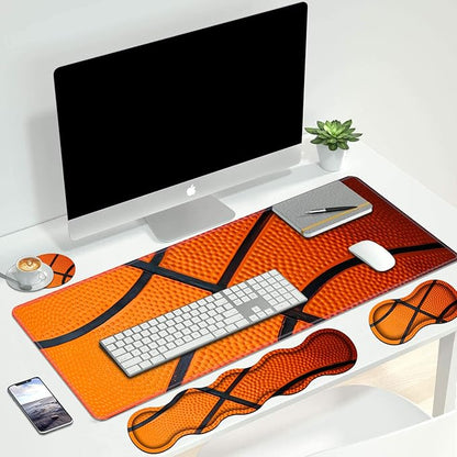 4 in 1 Ergonomic Keyboard Wrist Rest & Mouse Pad Wrist Rest Set, Large XXL Gaming Desk Mat 31.5"x 11.8" with Non-Slip Base, Memory Foam for Home Office Study Gaming, Basketball Surface