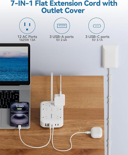 25FT Extension Cord with Outlet Cover & Multi USB, Ultra Thin Outlet Concealer with Cord & 12AC Outlet 6 USB (24W/4.8A), Charging Station for Multiple Devices, for Behind Wall Furniture Couch TV