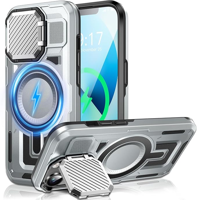 Camera Stand Case for iPhone 14 Plus, [Compatible with Mag Safe] [Lens Cover] 2024 Version Military Grade Protective Soft Case for iPhone 14 Plus 6.7 inch Men Women,Grey