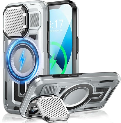 Camera Stand Case for iPhone 14 Plus, [Compatible with Mag Safe] [Lens Cover] 2024 Version Military Grade Protective Soft Case for iPhone 14 Plus 6.7 inch Men Women,Grey