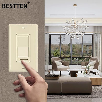BESTTEN 2 Pack Almond Dimmer Wall Light Switch, Compatible with Dimmable LED, CFL, Incandescent and Halogen Bulb, Single Pole or 3-Way Dimmer Switches, 120VAC, Decorator Wall Plate Included