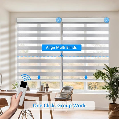 COOLWINDS Motorized Zebra Blinds for Windows Cordless Electric Curtains with Remote Control Blackout Shades Custom Smart Blinds Compatible with Alexa Google Home(Light Filtering Grey,Custom)