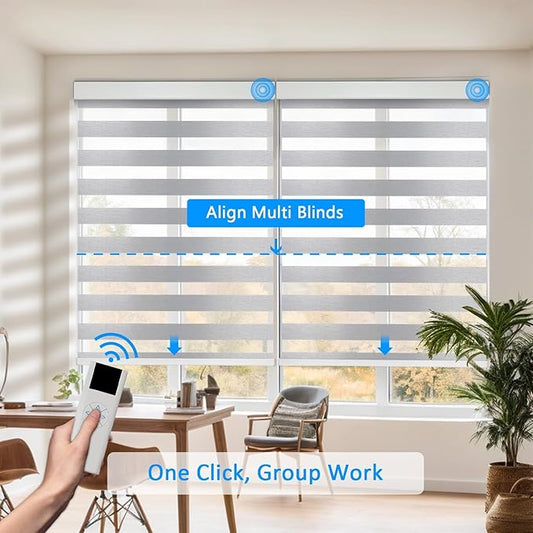 COOLWINDS Motorized Zebra Blinds for Windows Cordless Electric Curtains with Remote Control Blackout Shades Custom Smart Blinds Compatible with Alexa Google Home(Light Filtering Grey,Custom)