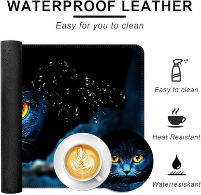 BFUKVOU Large Keyboard Mouse Pad Set, Extended Mouse Pad+Keyboard Wrist Rest Support, Memory Foam Ergonomic Easy Typing, 4Pcs (31.5×11.8 in) Desk Pad Set for Office Home,Black Cat with Glowing Eyes