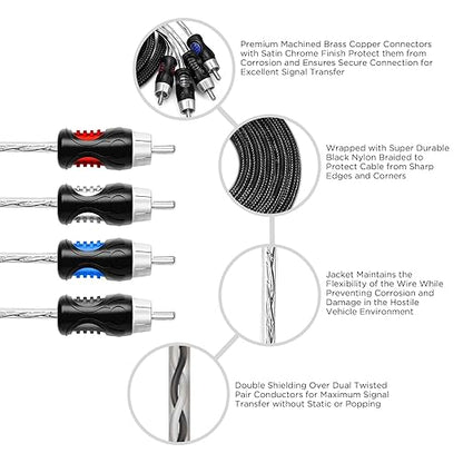 RECOIL PCI49 Premium 100% Oxygen Free Copper 9ft 4-Channel RCA Audio Interconnects Cable (4X RCA Male to 4X RCA Male) Double Shielded with Noise Reduction