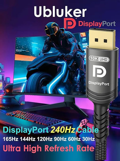 Ubluker 10K 8K DisplayPort 2.1 Cable 54Gbps 50 FT, Certified DP to DP Cord 4K 240Hz 165Hz 144Hz 120Hz 10K 8K 120Hz Nylon Braided UHBR HDCP2.3 FreeSync G-Sync RTX5090 Gaming Monitor PC Projector