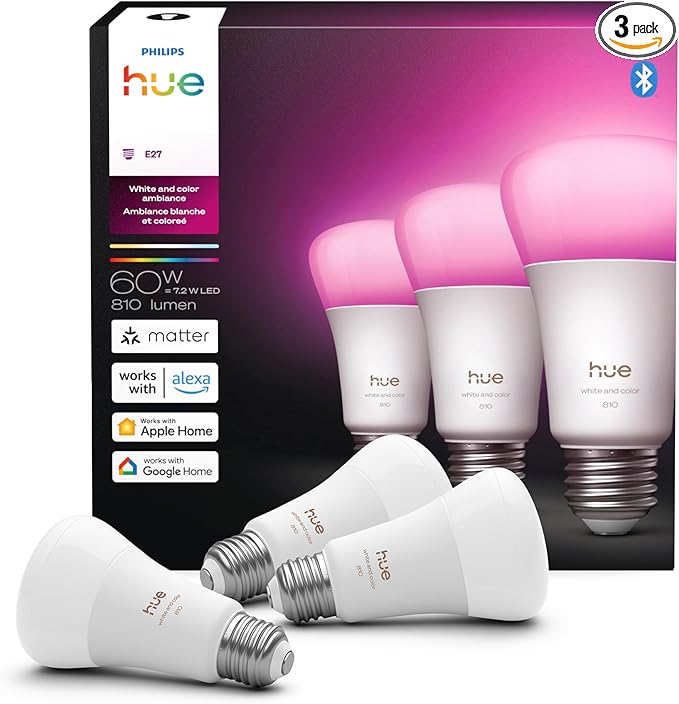 Philips Hue Smart LED A19 Bulb, White & Color Ambiance, E26 Base, 7.2W, Full Spectrum Light 1000K-20000K, 810 Lumens, Dimmable LED Bulbs, Works with Alexa, Google,& Apple Home, 3pk