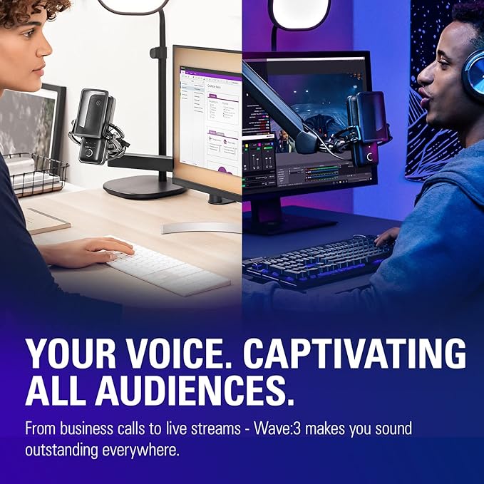 Elgato Wave:3 - Premium Studio Quality USB Condenser Microphone for Streaming, Podcast, Gaming and Home Office, Free Mixer Software, Sound Effect Plugins, Anti-Distortion, Plug ’n Play, for Mac, PC