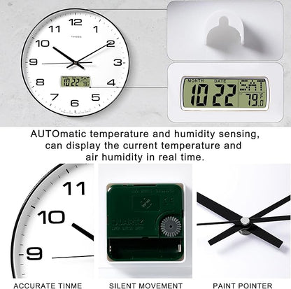 TIMESS Wall Clock, 14" Large Dial Non-Ticking Silent Battery Operated Analog with LCD Display for Perpetual Calendar and F° Temperature, Ideal Modern Home, Bedroom, Office Decor (Black)
