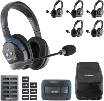 Eartec HUB6D Ultralite-HD 6 Person Full Duplex Wireless Intercom Headset Communication System, Dual Ear Headsets, Up to 1000ft Range, U.S. Company