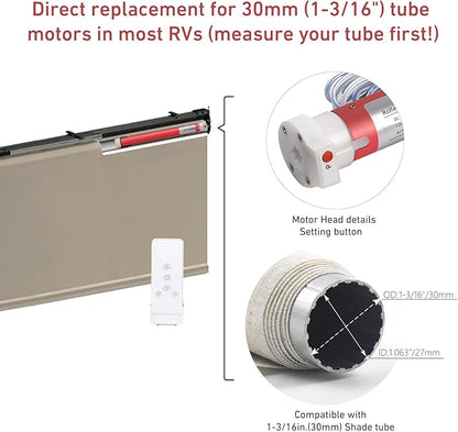 1-3/16inch (30mm) RV Electric Roller Shade Replacement Motor for RV Blinds & Shades – 12V Shade Tube Motor with Remote Control