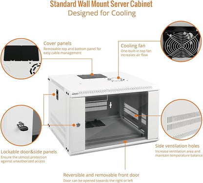 Tecmojo 6U Wall Mount Rack Network Cabinet for 19" IT Equipment,with Lockable Glass Door and Side Panels,Cooling Fan,17.7inch Depth,White