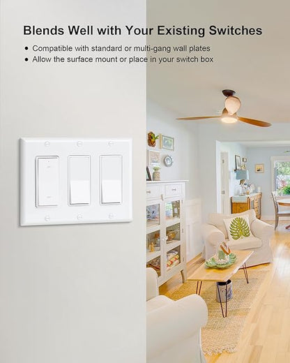 TREEWELL Wireless Light Switch and Receiver Kit, Decorator Rocker Wall Switch, 200FT Long Range RF Remote Control, No in-Wall Wiring Required, Programmable & Expandable for Ceiling Light, Fans, Lamps