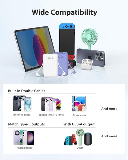TG90° 2 Pack External Battery Pack 5000mAh Portable Charger, USB C Power Bank with Built-in Foldable AC Wall Plug and Cables, Mini Battery Charger Compatible with iPhone, Samsung, Google etc