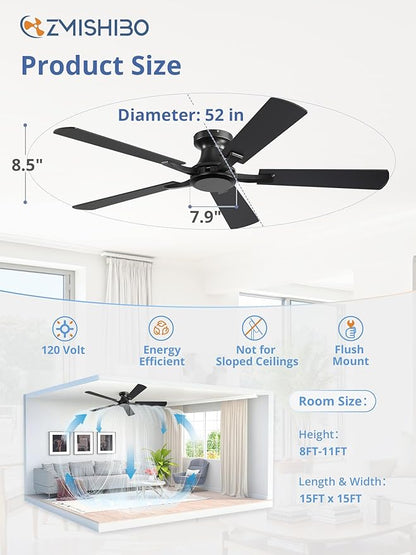 ZMISHIBO 52 Inch Ceiling Fan No Light, Flush Mount Low Profile, Modern Black Ceiling Fan Without Light, Remote Control & Quiet DC Motor, for Indoor&Outdoor, Bedroom, Living Room