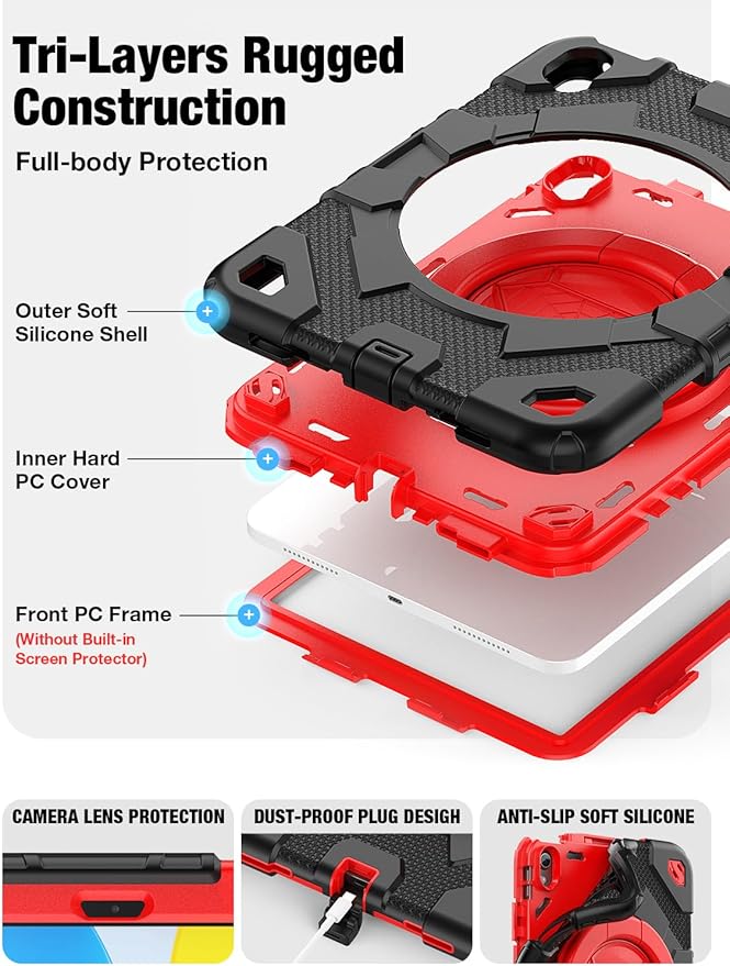 SCSVPN for iPad (A16) 11th/10th Generation Case 11 inch 2025/10.9 inch 2022, Rugged Shockproof Protective Silicone Case for Kids with Pencil Holder, Rotate Stand & Handle, Shoulder Strap - Black/Red