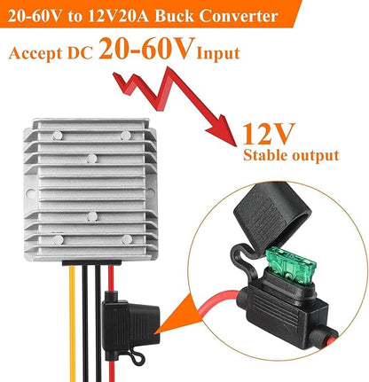 DC 24V to 12V Regulated Converter 20A 240W Step-Down Converter (Input: 20V-60V) 12V to 24V DC Power Converter with Fuse Waterproof Module Suitable for Golf Carts, RVs, Electric Motors, etc.