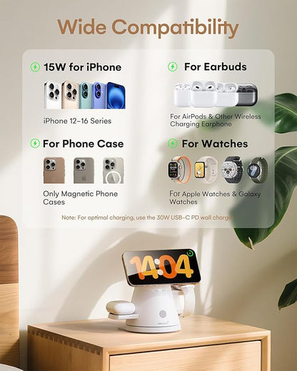 ZEEHOO 4 in 1 Wireless Charging Station for Apple,Mag-Safe Charger&Dimmable Light,Qi2 15W Rotating Fast Wireless Charger for iPhone 16,15,14,13,12&Pixel 10&iWatch&Samsung Watch&AirPods(30W Adapter)