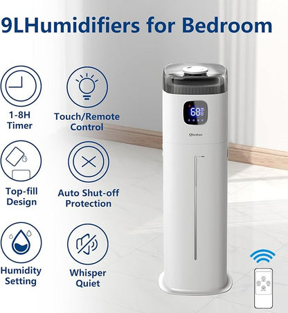 Akeshan Large Humidifier for Bedroom, 9L/2.5Gal Ultrasonic Cool Mist, Easy Clean with 350ML/H Large Mist Speed, Remote control, Quiet Tower, Suitable for Kids Room Plant Yoga