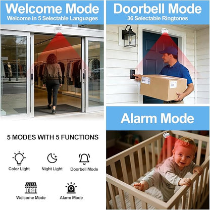 KCMYTONER Motion Sensor Door Chime Battery Operated, Motion Sensor Alarm for Business,Doorway Motion Bell,Volume Adjustable,918Ft Range,5 Modes, 36 Tunes, for Home, Store, Office