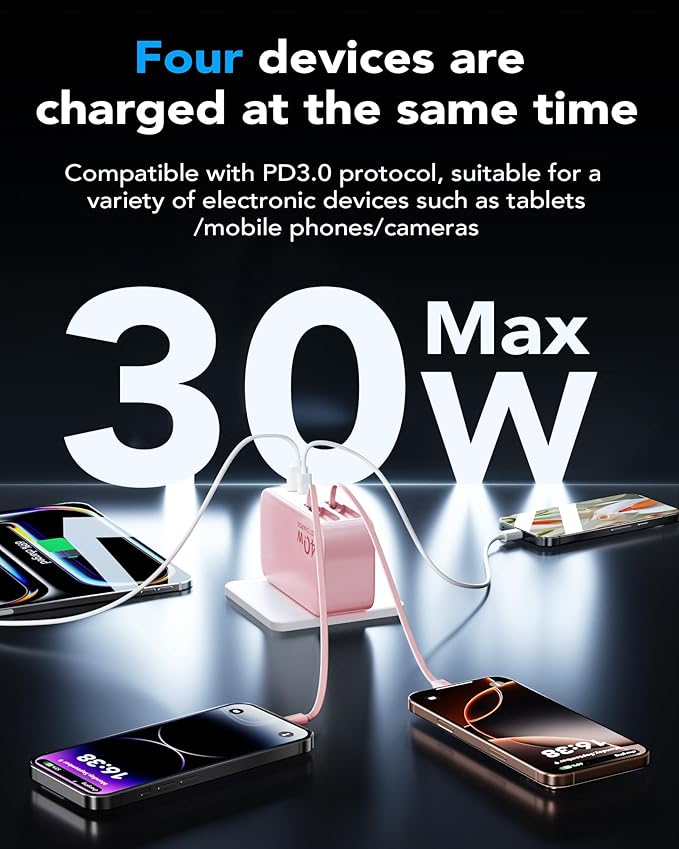 4-in-1 Retractable Gan Wall Charger Plug,Travel Essentials Brick Multiport USB Ports,3ft Lightening and Type c Cables,40W Multi Fast Charging Foldable Block for iPhone 16/15/14/13,iPad,Galaxy,Pixel