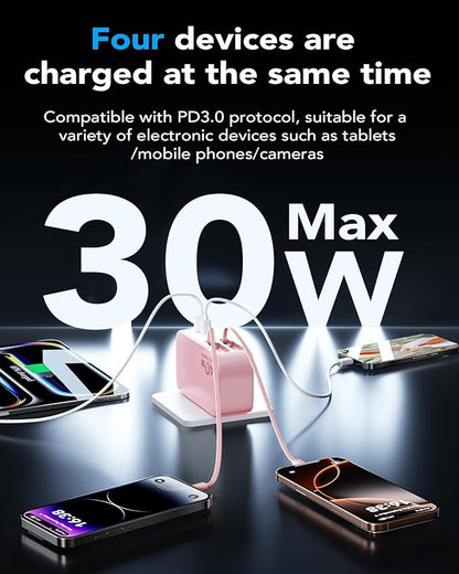 4-in-1 Retractable Gan Wall Charger Plug,Travel Essentials Brick Multiport USB Ports,3ft Lightening and Type c Cables,40W Multi Fast Charging Foldable Block for iPhone 16/15/14/13,iPad,Galaxy,Pixel