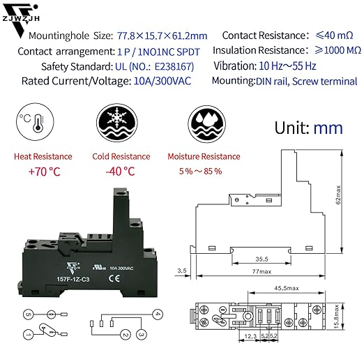UL Listed 6 Pcs 12Amp Din Rail Relay 24V DC Relay Coil, 5 Pin SPDT 1NO 1NC with Test Button, LED Module Light, Socket Base, DIN Rail