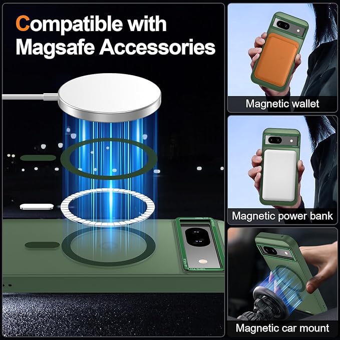 Magnetic for Google Pixel 8a Case, [Military Grade Drop Protection] [Compatible with MagSafe] Shockproof Slim Translucent Matte Anti-Slip for Women Girls Men Case, Forest Green