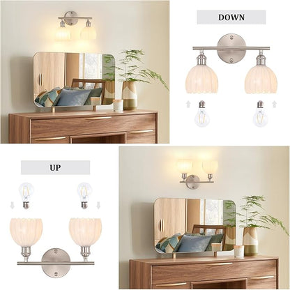 Shenmoyl Bathroom Light Fixtures, 2-Light Vanity Wall Light Over Mirror with White Tulip Glass Shade for Bedroom Living Room (Bulb Not Included), Satin Nickel