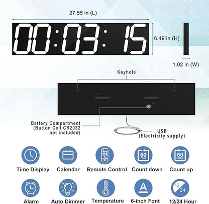 CHKOSDA Digital Wall Clock, Oversize Led Digital Clock with Auto Dimmer, Huge Countdown Timer with Remote Control, 27" Wide Led Display, 6 Digits, Wall Mount, Date and Temperature (White)