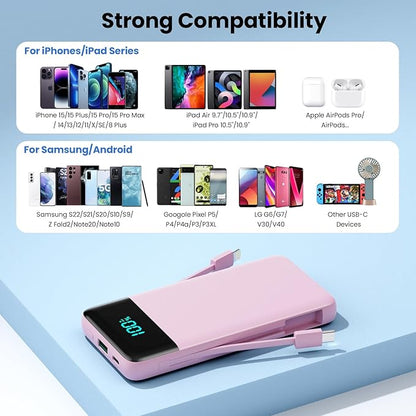 Portable Charger for iPhone with Built in Cables and Wall Plug,Upgraded 13800mAh Fast Charging USB C Power Bank,4 Outputs Travel Essential Battery Pack Compatible with iPhone 15/14/13/12,Samsung-Pink