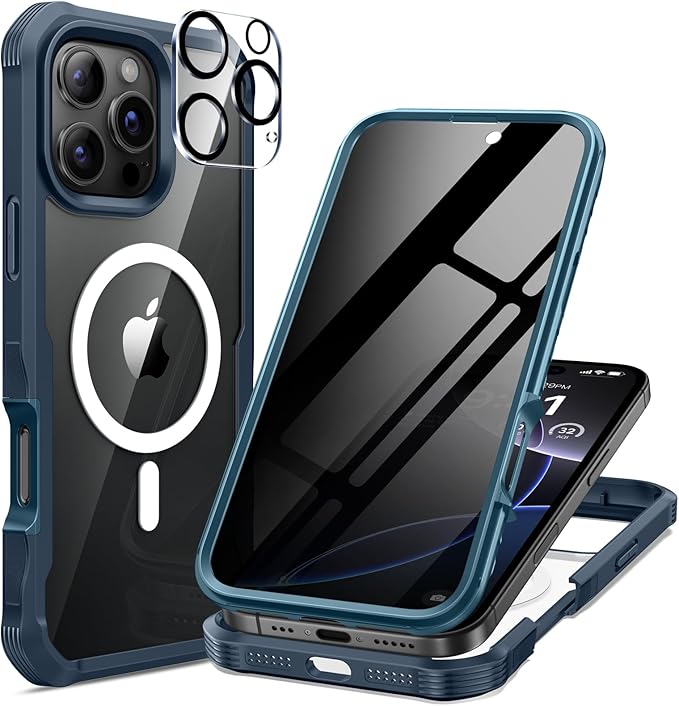 seacosmo for iPhone 16 Pro Case, Full Body Bumper with Built-in 9H Tempered Glass Privacy Screen Protector and Camera Lens Protector, Compatible with MagSafe, Shockproof Phone Cover, 6.3", Blue
