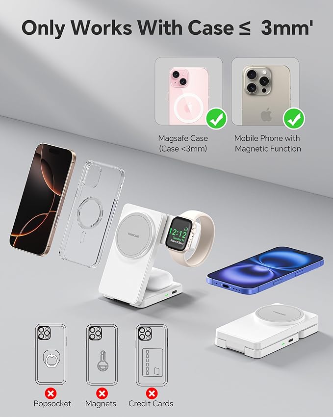 3 in 1 Charging Station for iPhone 16/15/14/13/12 Series, Wireless Charger for Apple Watch，Travel Magnetic Charging Stand for AirPods (White Grey)