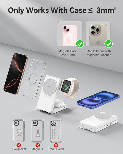 3 in 1 Charging Station for iPhone 16/15/14/13/12 Series, Wireless Charger for Apple Watch，Travel Magnetic Charging Stand for AirPods (White Grey)