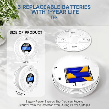 3 Pack Interconnected Smoke and CO Alarm with LCD Screen, 85dB Audible & Visual Alert, RF Sync Network, Battery Powered, Ideal for Multi-Room Setup in Home, Office, RV