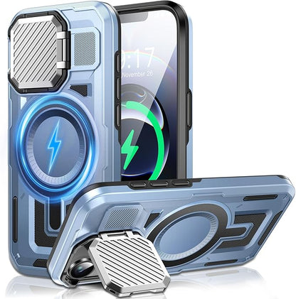 Camera Stand Case for iPhone 16E, [Compatible with Mag Safe] [Lens Cover] 2024 Version Military Grade Protective Soft Case for iPhone 16E 6.3 inch Men Women, Blue