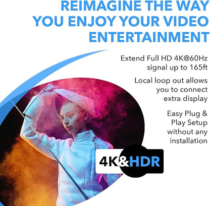 OREI HDMI Extender UltraHD Over Single Cat6/Cat7 Cable 4K @ 60Hz with HDR & IR Control - Up to 165 ft EDID Management