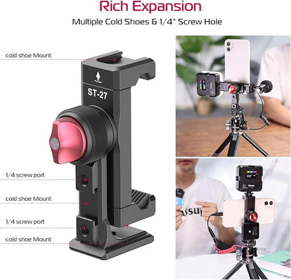 Metal Phone Tripod Mount 3 Cold Shoes & Arca Port, 360° Smartphone Tripod Adapter for iPhone 17 16 15 Cell Phone Stand Holder for Desktop Video Live Streaming Vlogging Rig