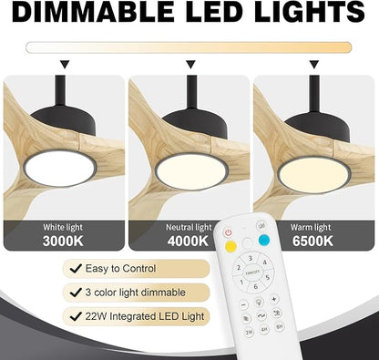 Revoici 52 inch Ceiling Fans with Lights and Remote, 3 Natural Wood Blades, Modern Indoor/Outdoor Ceiling Fan for Living Room Bedroom Farmhouse Patio, 6 Speeds, Dimmable, Noiseless Reversible DC Motor