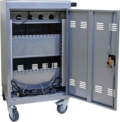 35 Device Charging Cart for Laptops and Tablets Up to 16.3-inch, Mobile Charging Station with AC Outlets, Secure Storage and Cable Management, Mobile Charging Cabinet for Ipads, Chromebooks, Silver