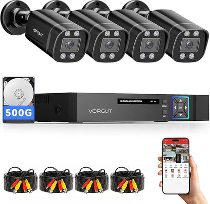 VORGUT Wired Security Camera System Outdoor, 4pcs Surveillance CCTV Bullet Cameras for Home Security, 4CH AHD TVI 5MP Lite DVR Recorder with 500G HDD, Motion Detection, Night Vision, Waterproof