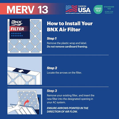 BNX TruFilter 16x24x1 Air Filter MERV 13 (12-Pack) - MADE IN USA - Electrostatic Pleated Air Conditioner HVAC AC Furnace Filters for Allergies, Pollen, Mold, Bacteria, Smoke, Allergen, MPR 1900 FPR 10