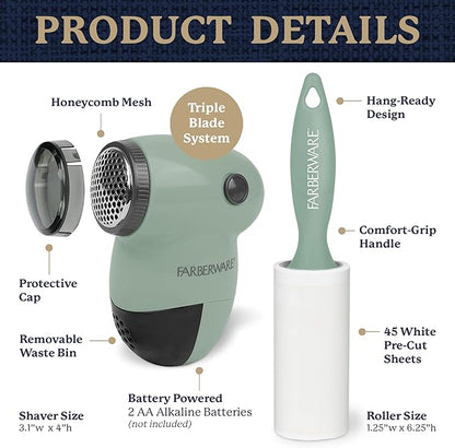 Farberware Fabric Shaver & Lint Remover Set – Battery Operated Sweater Shaver with Triple Blades and Extra Sticky Roller for Pet Hair, Fuzz & Pilling on Clothes, Upholstery & Bedding