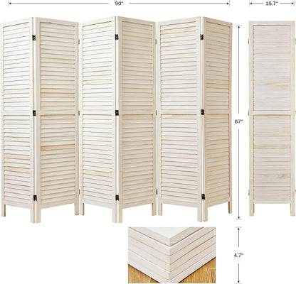 Room Dividers and Folding Privacy Screens, Wood Louvered Separators Divider Wall for Home Office Bedroom - 6 Panels, 67 * 90inch (White-Washed)