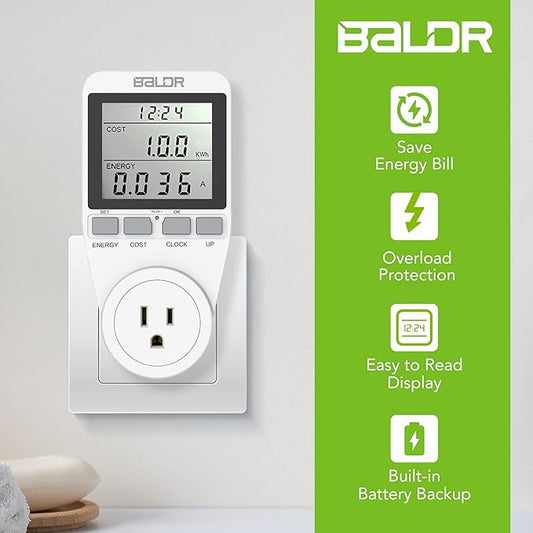 BALDR U.S. Electricity Usage Monitor for Home - Kilowatt Meter Sockets - Wattage Meter Plug In Appliances to Measure Energy Usage - Home Energy Monitor with Easy to Read Display - Home Power Monitor