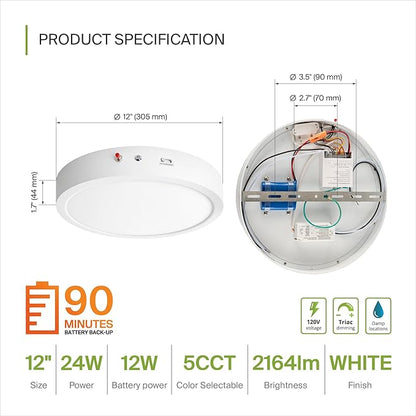ASD LED 12" Round Flush Mount Ceiling Light Fixture, Low Profile Surface Lighting | 5CCT, Dimmable, Battery Backup, ETL Listed | 24W 2100LM 2700-6000K 120V | Kitchen, Hallway Lamp | White